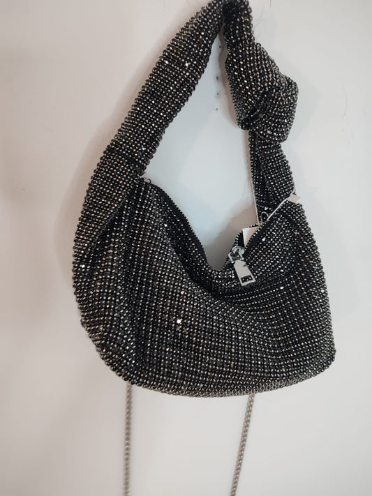 Borsetta Nera a Strass con Catenina Argentata Removibile