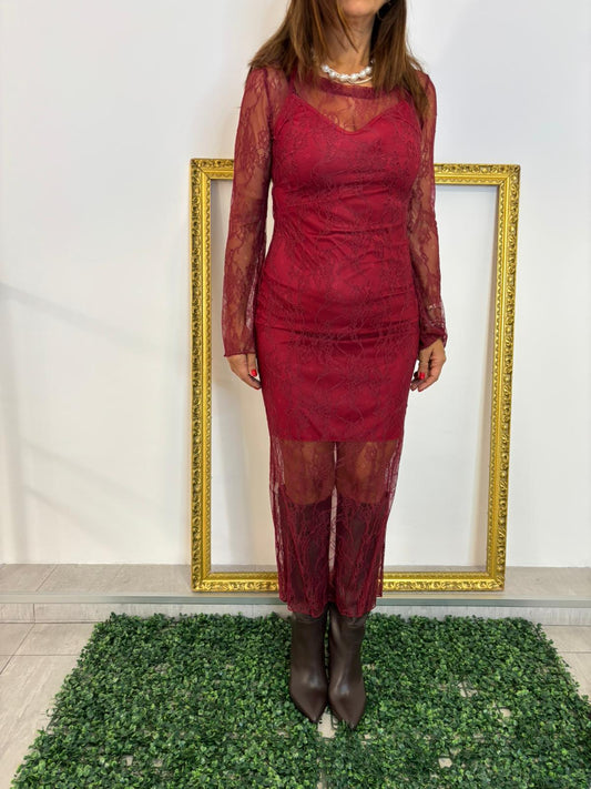 Abito lungo in pizzo rosso/marrone Please