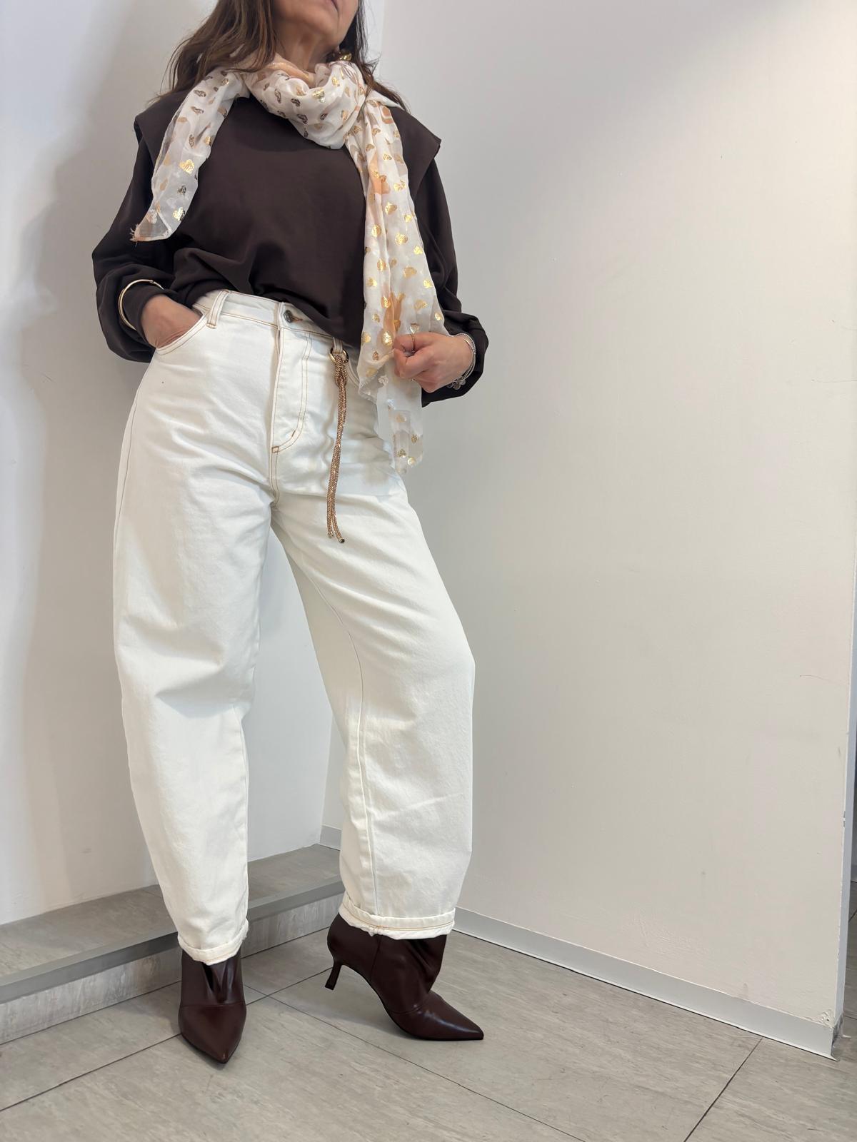 Jeans Souvenir Bianco Wide Leg con Portachiavi