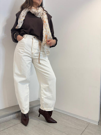 Jeans Souvenir Bianco Wide Leg con Portachiavi