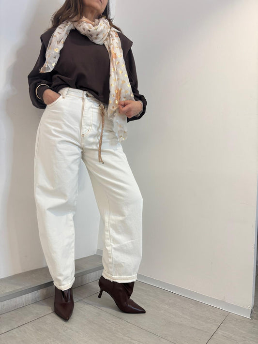 Jeans Souvenir Bianco Wide Leg con Portachiavi